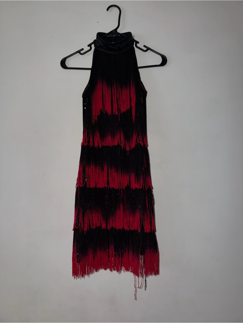 Weissman Black and Red Fringe Halter Dress